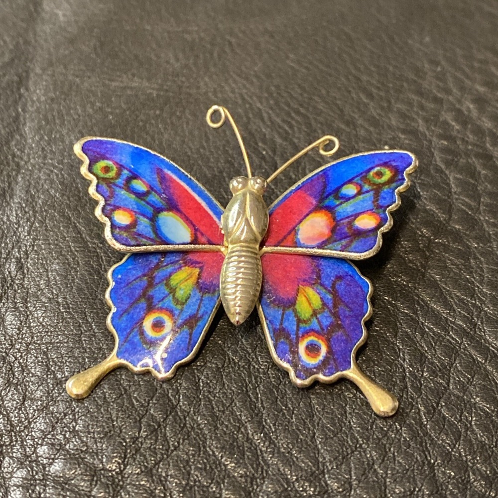Vtg Brooch Lapel Butterfly Blue Red Glossy Enamel Gold Tone Lightweight Metal